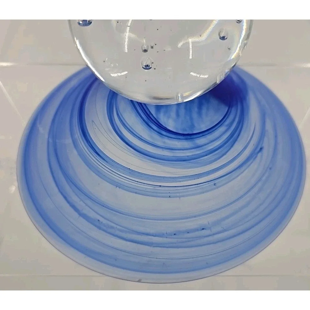 Satin blue Swirl Compote  Polished  Clear Glass Base W/ Bubbles 7